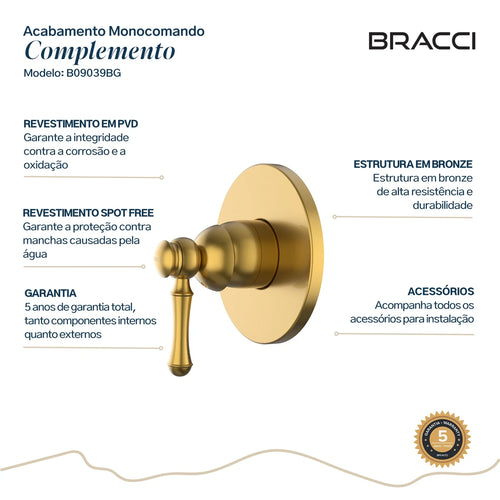 ACABAMENTO MONOCOMANDO CHUVEIRO CLÁSSICO DOURADO ESCOVADO