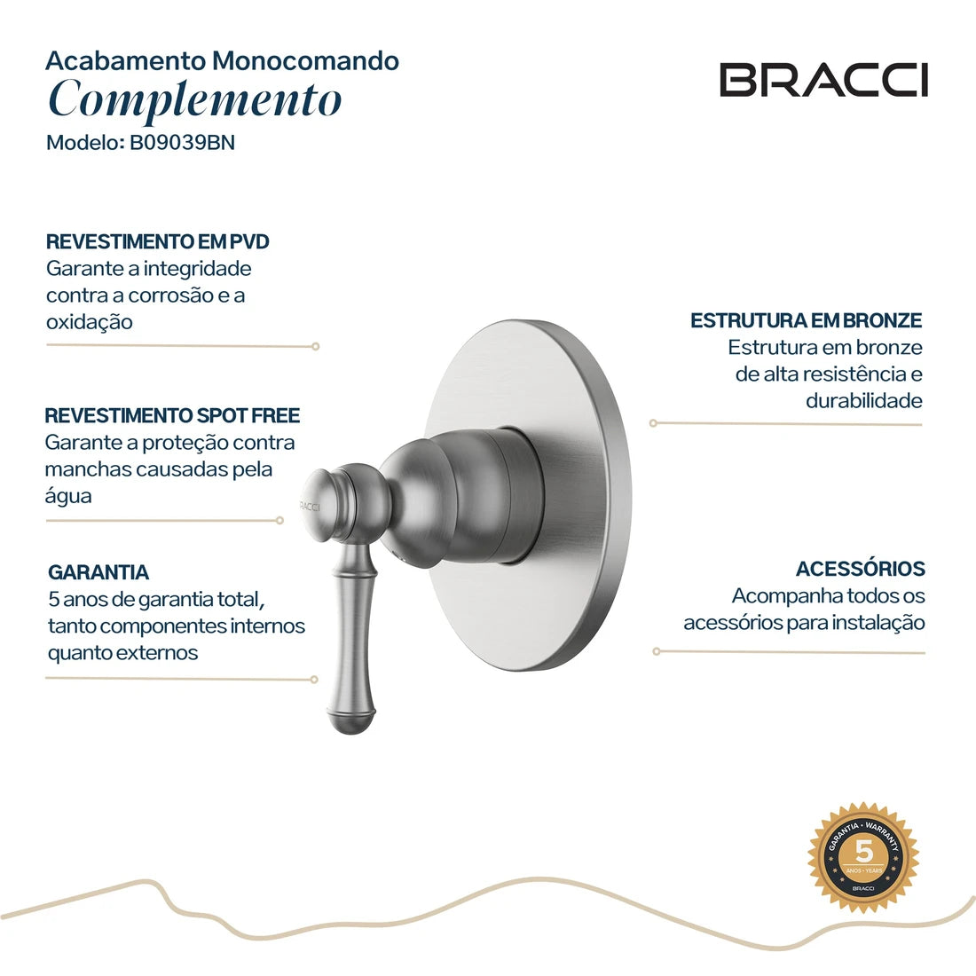 ACABAMENTO MONOCOMANDO CHUVEIRO CLÁSSICO AÇO ESCOVADO