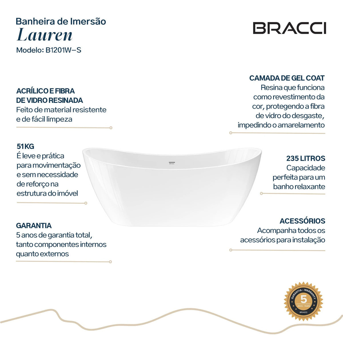 BANHEIRA DE IMERSÃO LAUREN S 1.80 M
