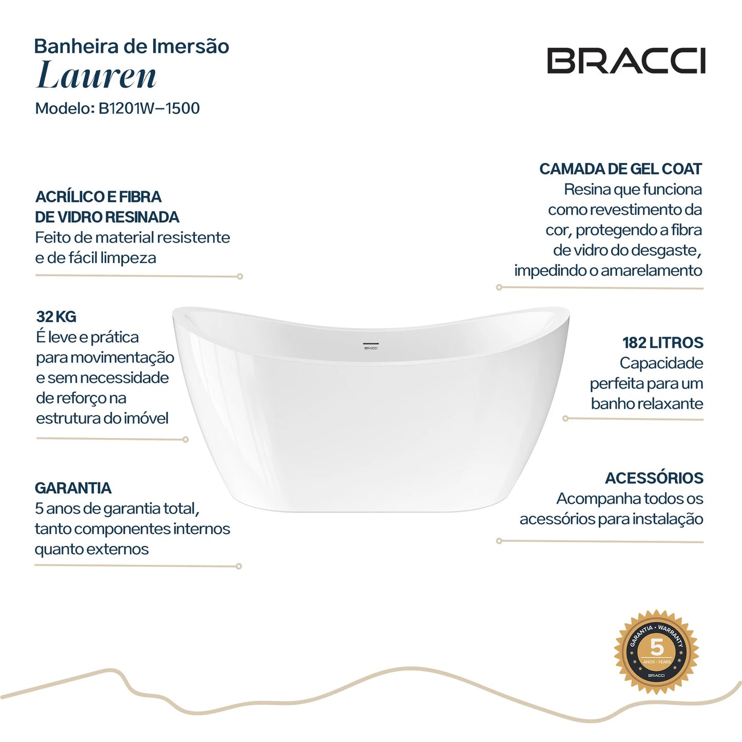 BANHEIRA DE IMERSÃO LAUREN 1.50 M