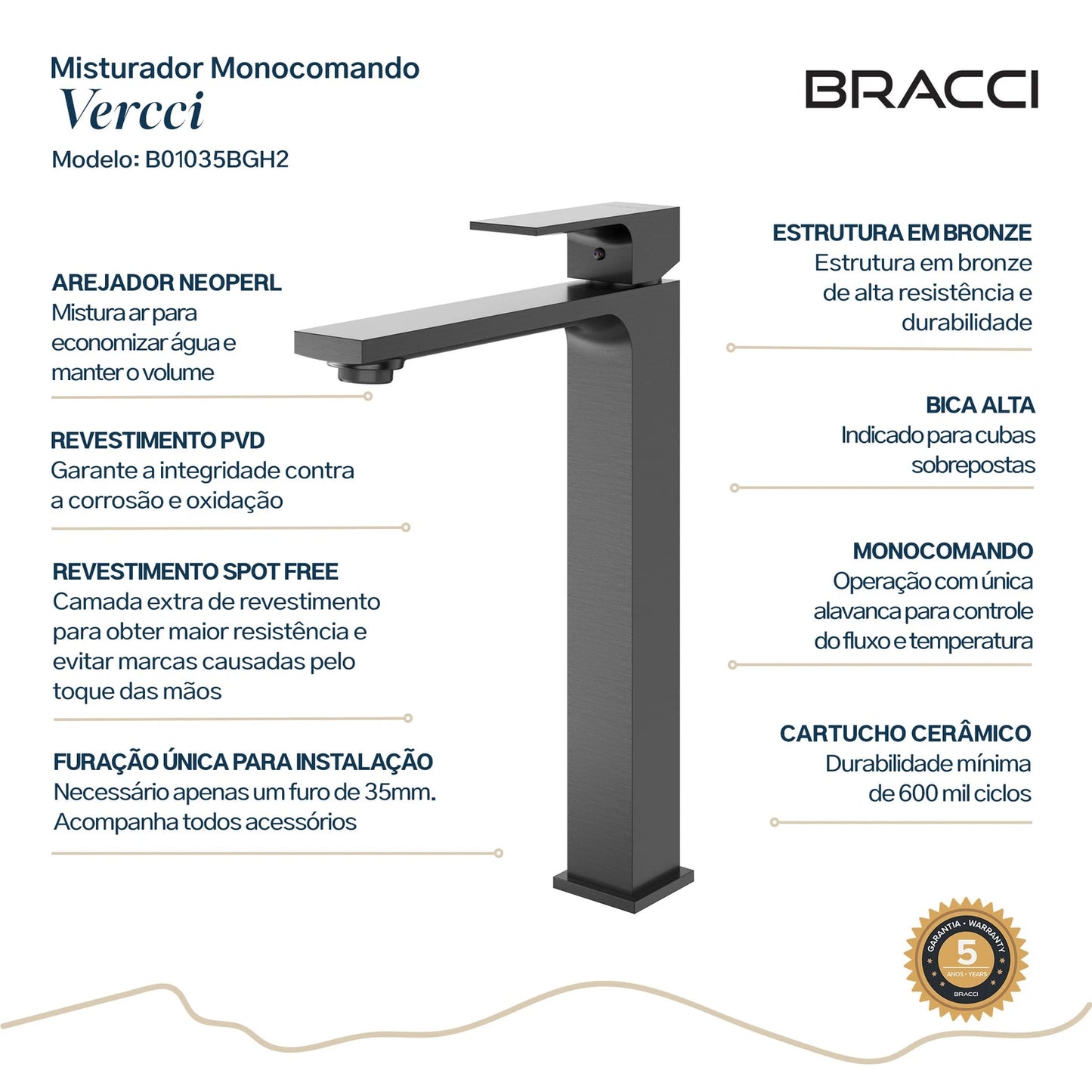 TORNEIRA MONOCOMANDO Q/F VERCCI SLIM ALTO GRAFITE ESCOVADO