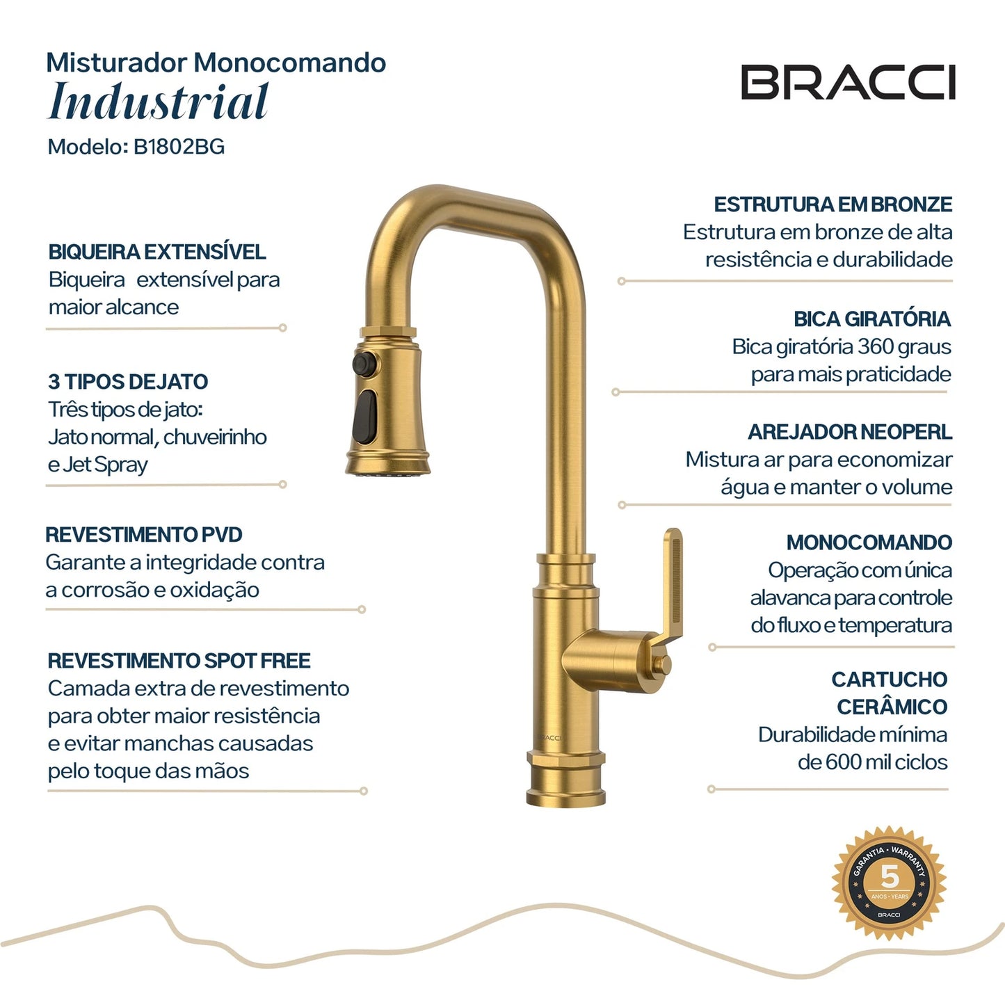 TORNEIRA MONOCOMANDO Q/F INDUSTRIAL DOURADO ESCOVADO
