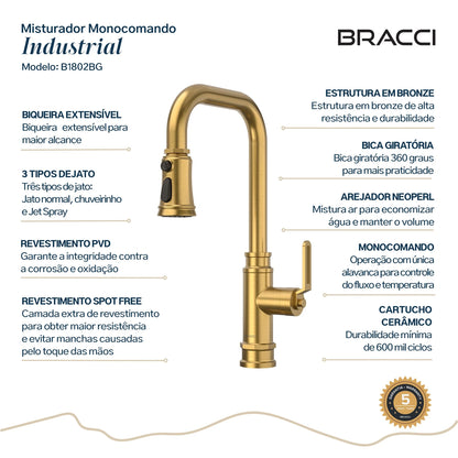 TORNEIRA MONOCOMANDO Q/F INDUSTRIAL DOURADO ESCOVADO
