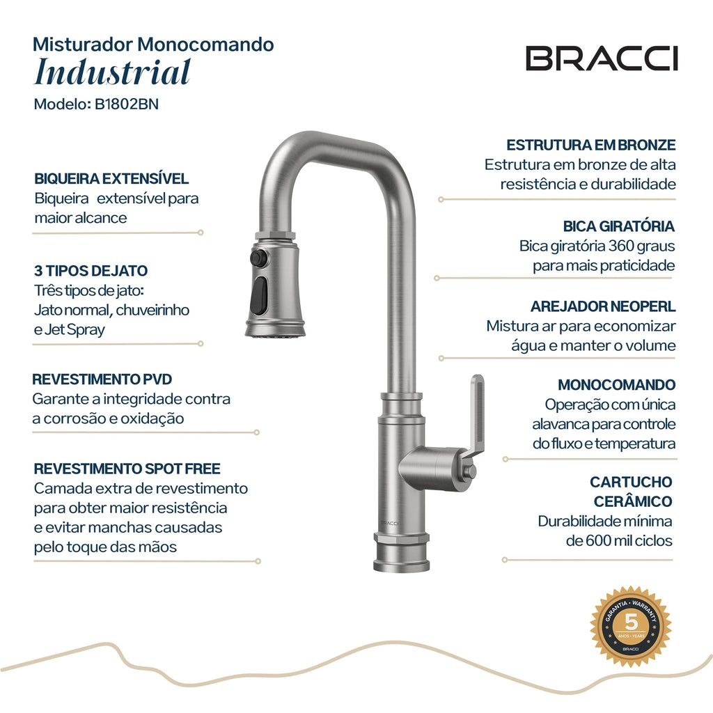 TORNEIRA MONOCOMANDO Q/F INDUSTRIAL AÇO ESCOVADO