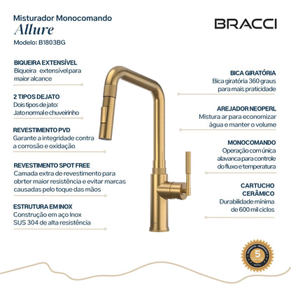 TORNEIRA MONOCOMANDO Q/F ALLURE DOURADO ESCOVADO