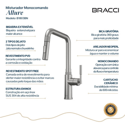 TORNEIRA MONOCOMANDO Q/F ALLURE AÇO ESCOVADO