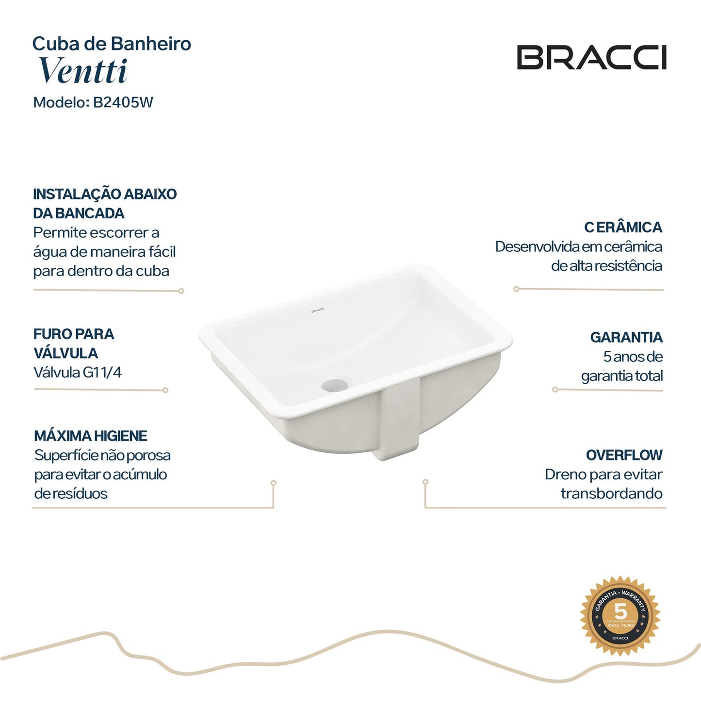 CUBA VENTTI DE EMBUTIR 51CM BRANCO BRILHO
