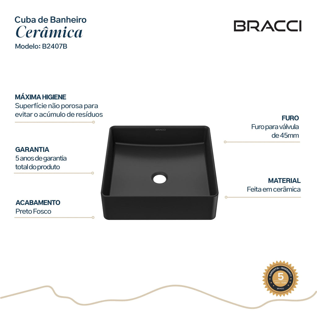 CUBA QUADRADA CERÂMICA 36CM PRETA