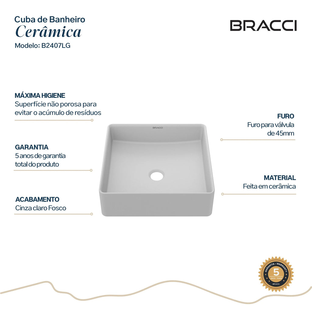 CUBA QUADRADA CERÂMICA 36CM CINZA CLARO