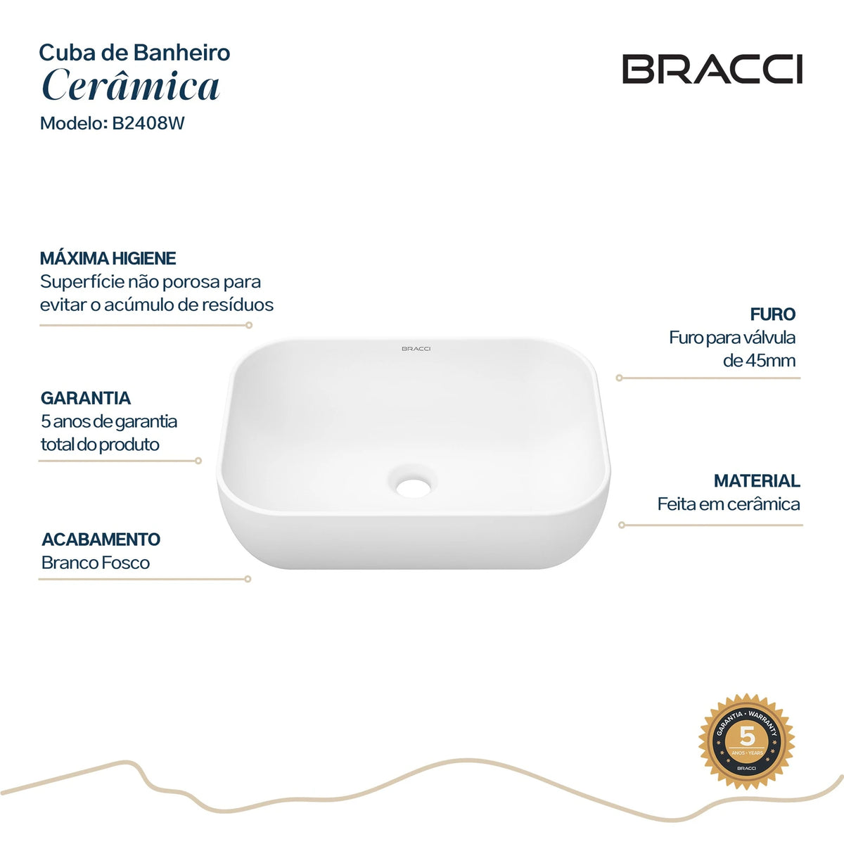 CUBA RETANGULAR CERÂMICA 46CM BRANCA