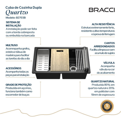 CUBA DE COZINHA DUPLA QUARTZO  79CM