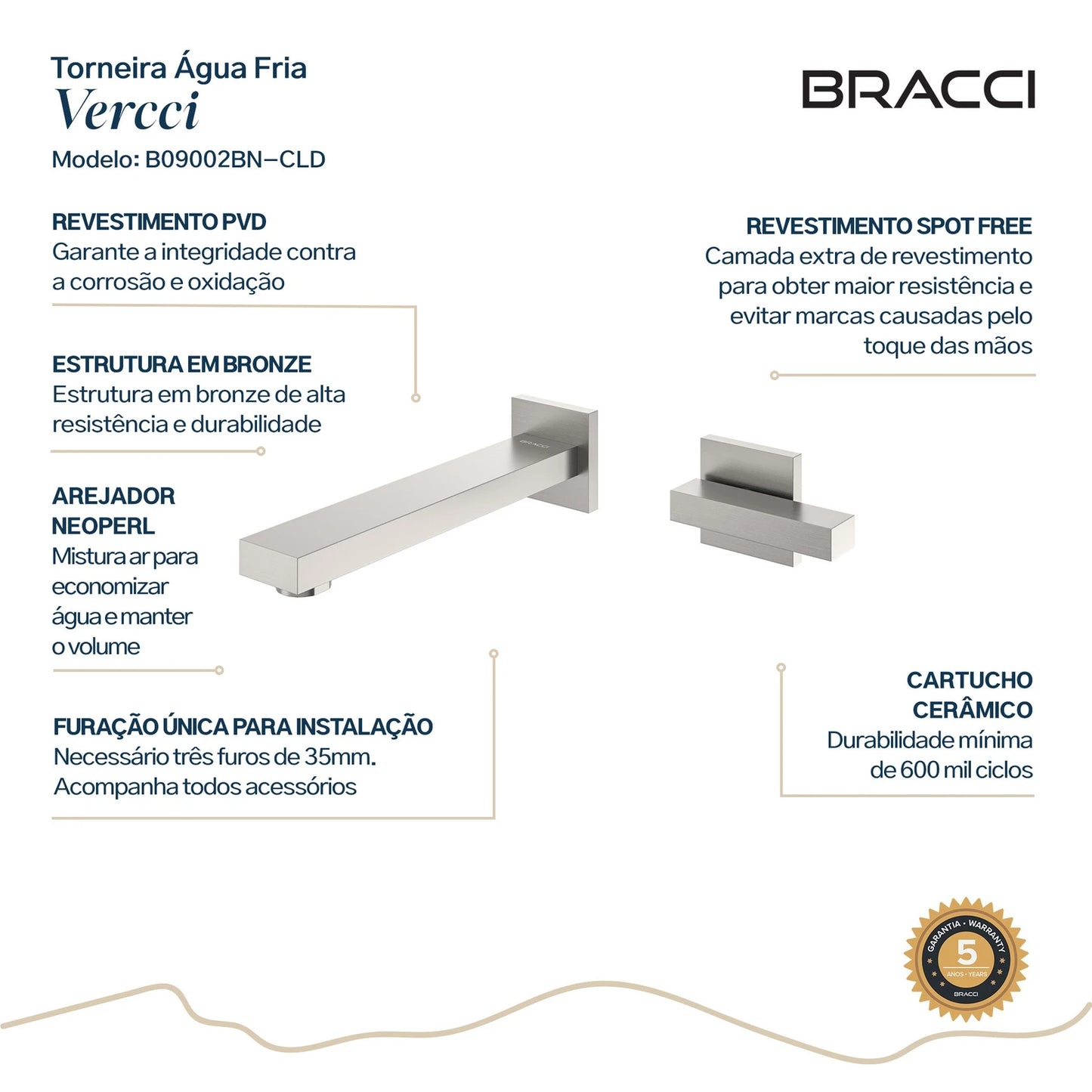 TORNEIRA ÁGUA FRIA PAREDE VERCCI AÇO ESCOVADO
