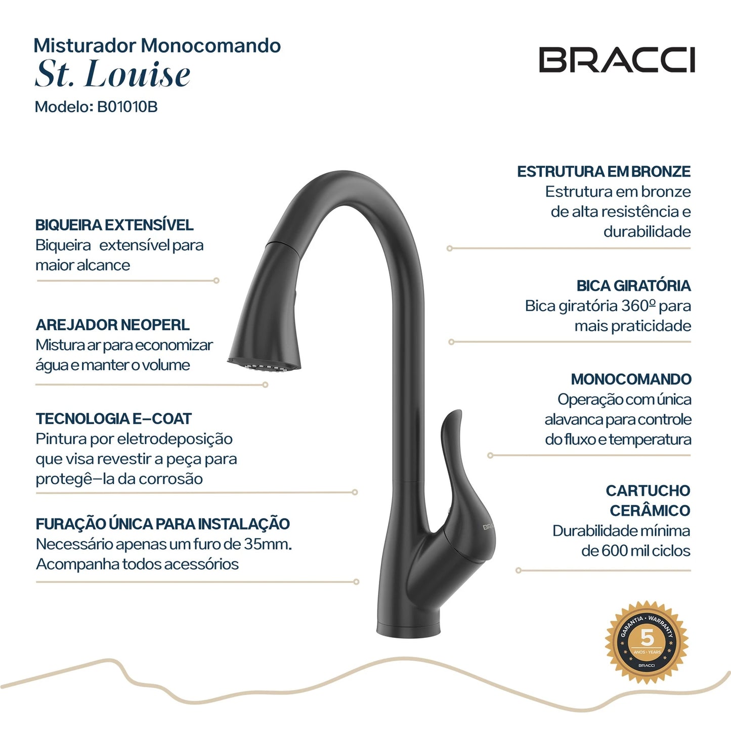 TORNEIRA MONOCOMANDO Q/F ST LOUISE PRETO