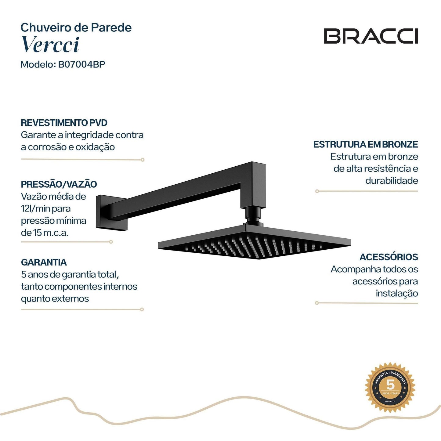 CHUVEIRO PAREDE VERCCI PRETO FOSCO PVD