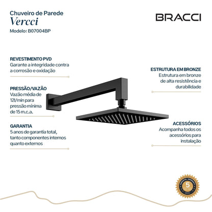 CHUVEIRO PAREDE VERCCI PRETO FOSCO PVD