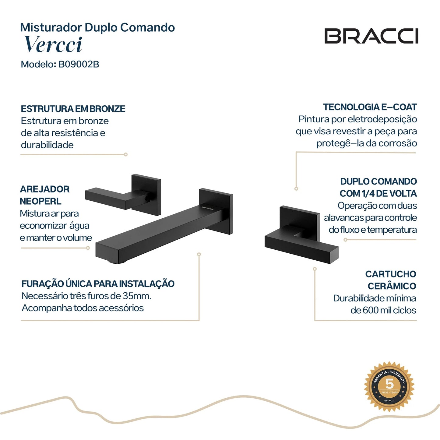 TORNEIRA DUPLO COMANDO DE PAREDE Q/F VERCCI PRETO