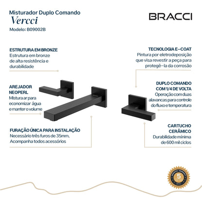 TORNEIRA DUPLO COMANDO DE PAREDE Q/F VERCCI PRETO