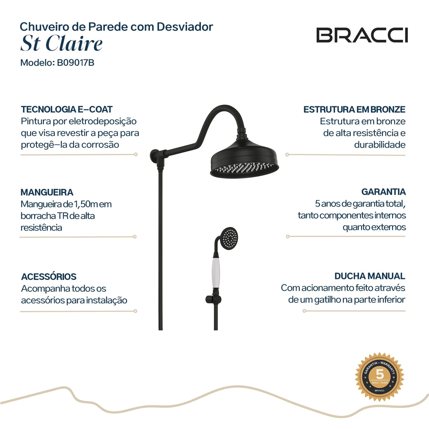 CHUVEIRO COM DESVIADOR PRETO FOSCO ST CLAIRE