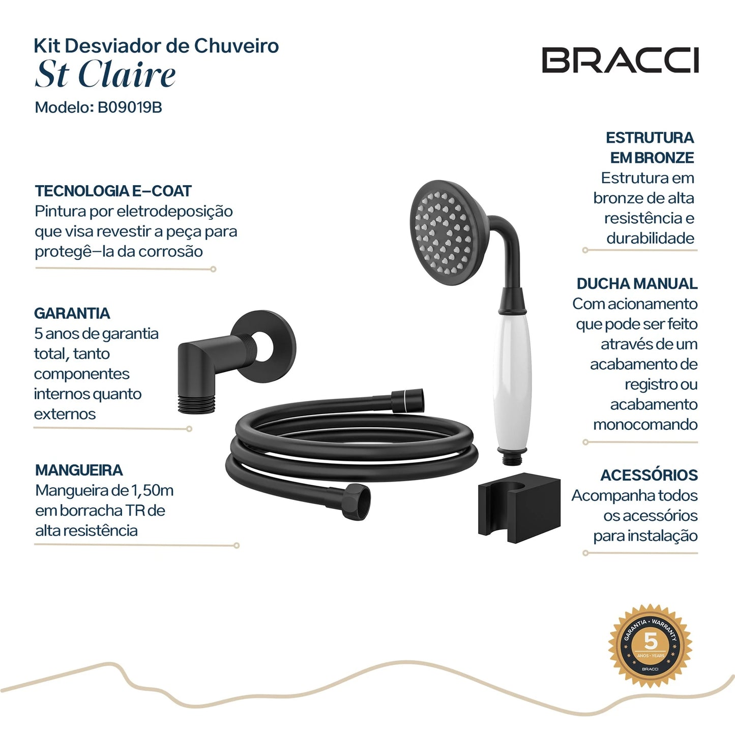 KIT DESVIADOR CHUVEIRO DE TETO CLÁSSICO PRETO FOSCO