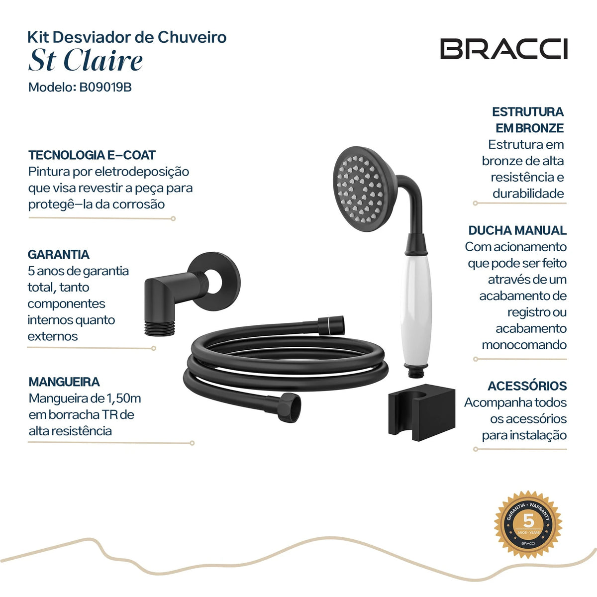 KIT DESVIADOR CHUVEIRO DE TETO CLÁSSICO PRETO FOSCO