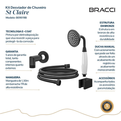 KIT DESVIADOR CHUVEIRO DE TETO CLÁSSICO PRETO FOSCO