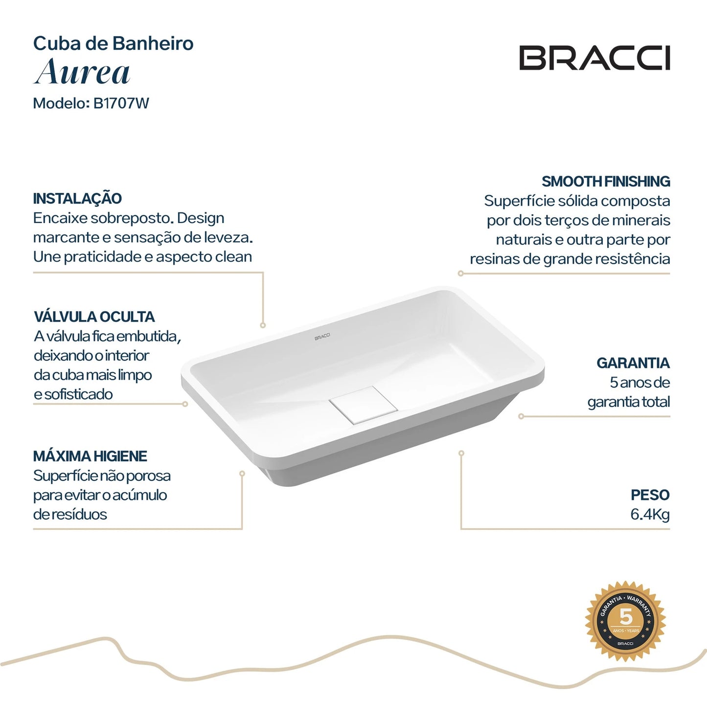 CUBA DE BANHEIRO AUREA 50CM BRANCO BRILHO