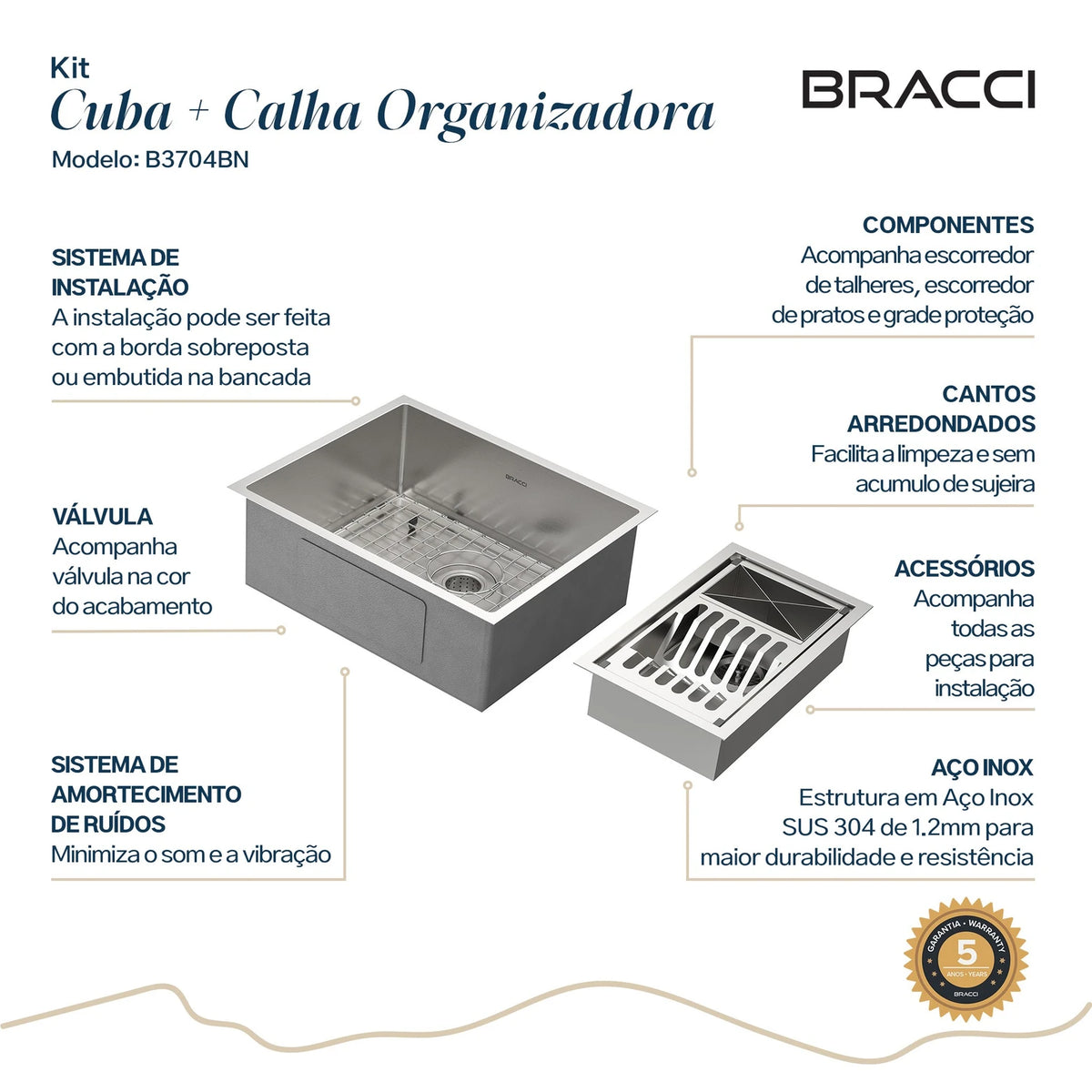 KIT CUBA DE COZINHA 54 CM + CALHA ORGANIZADORA AÇO ESCOVADO