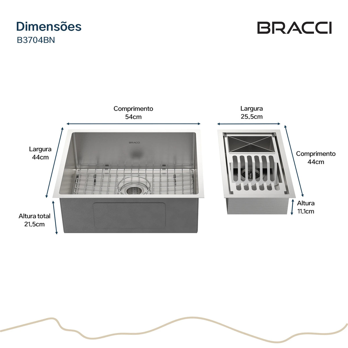 KIT CUBA DE COZINHA 54 CM + CALHA ORGANIZADORA AÇO ESCOVADO