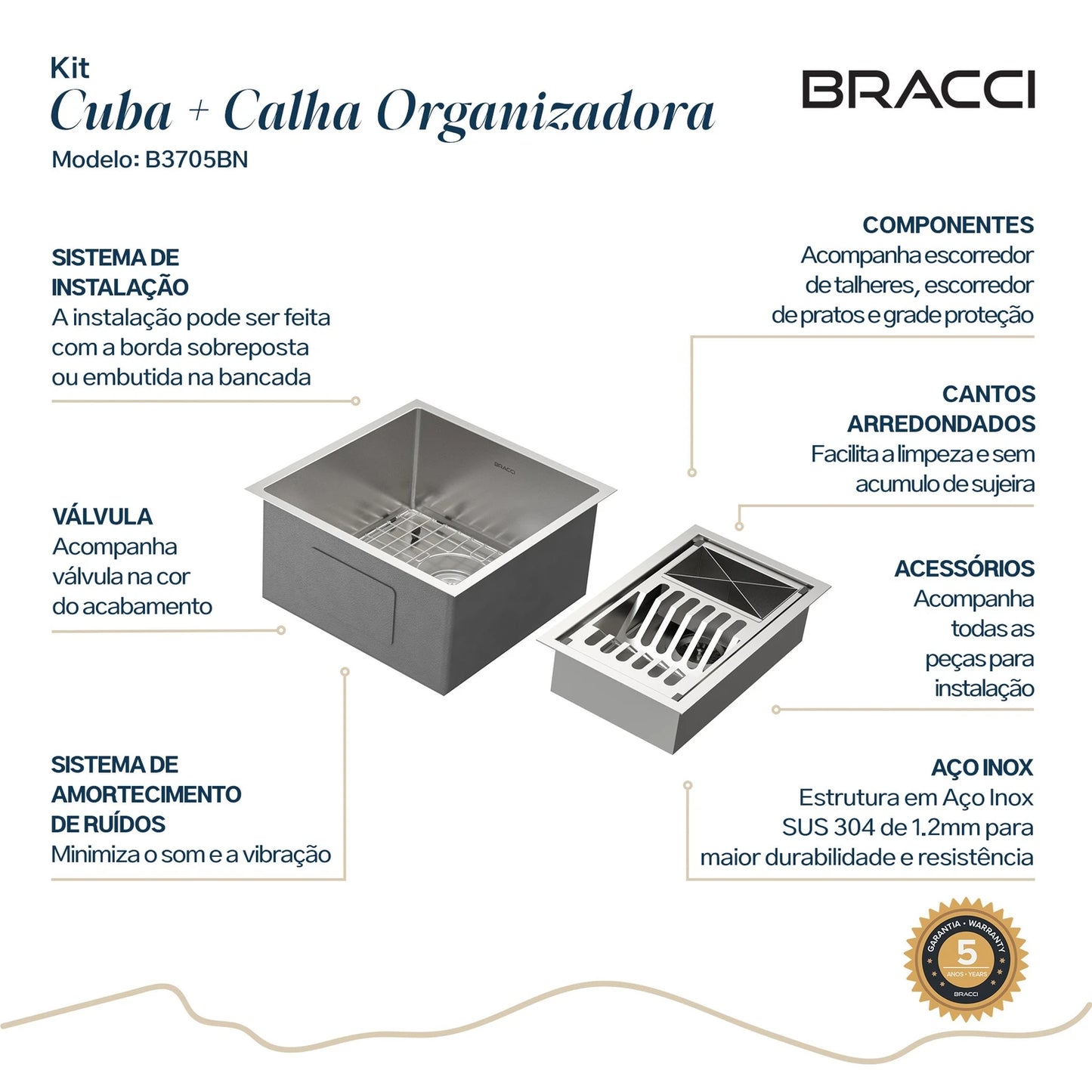 KIT CUBA DE COZINHA 43 CM + CALHA ORGANIZADORA AÇO ESCOVADO