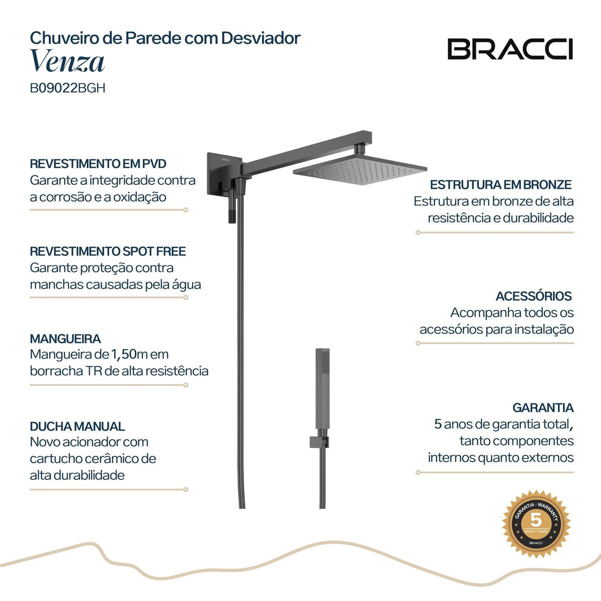 CHUVEIRO COM DESVIADOR GRAFITE ESCOVADO VENZA
