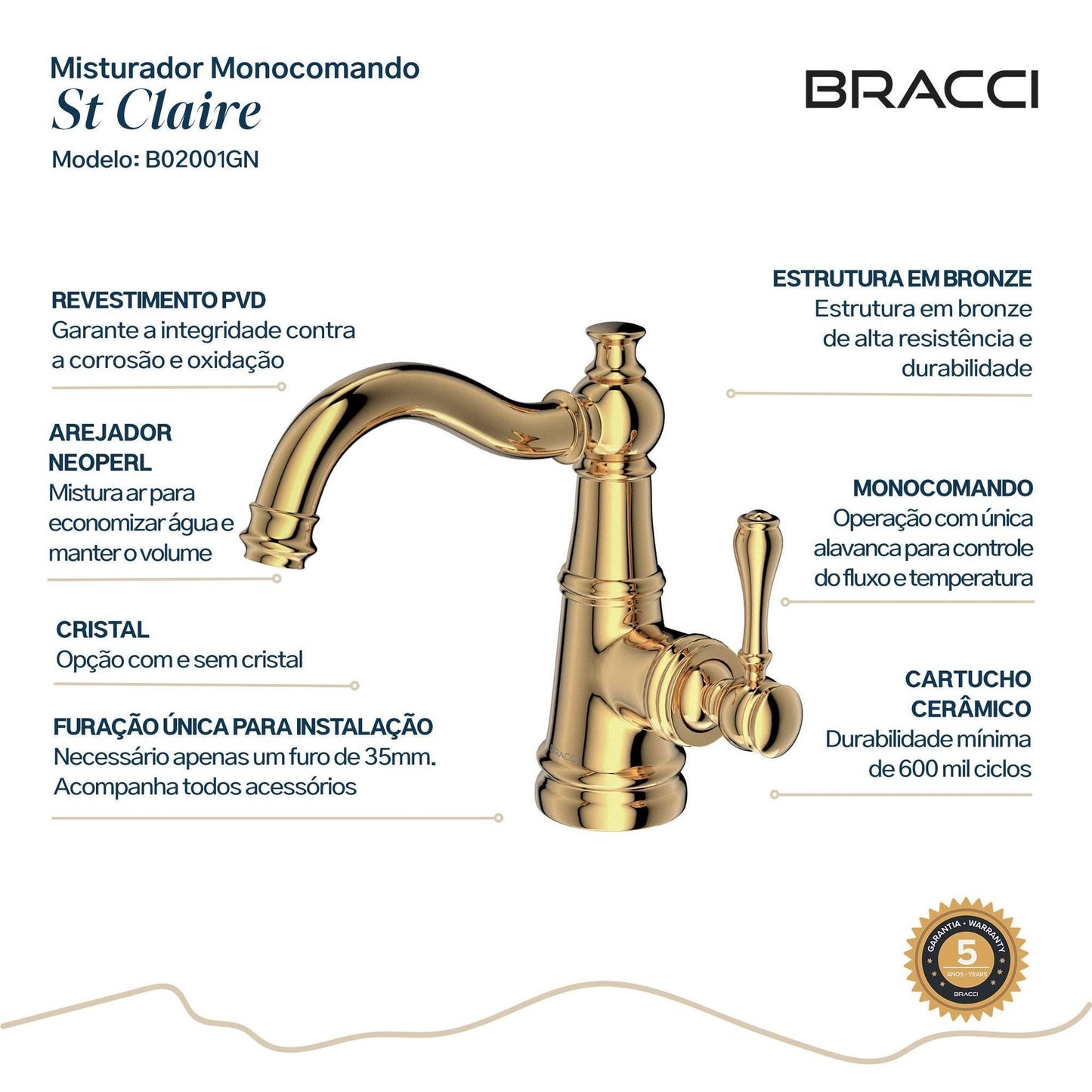 MISTURADOR MONOCOM LAVAT DOURADO ST CLAIRE NANOTECNOLOGIA