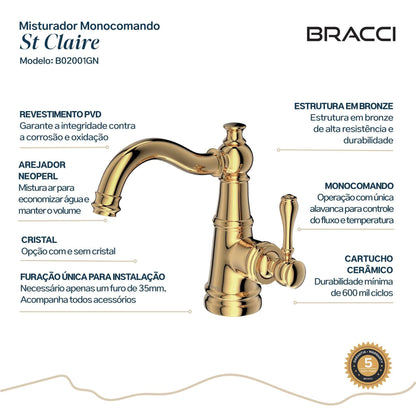 MISTURADOR MONOCOM LAVAT DOURADO ST CLAIRE NANOTECNOLOGIA