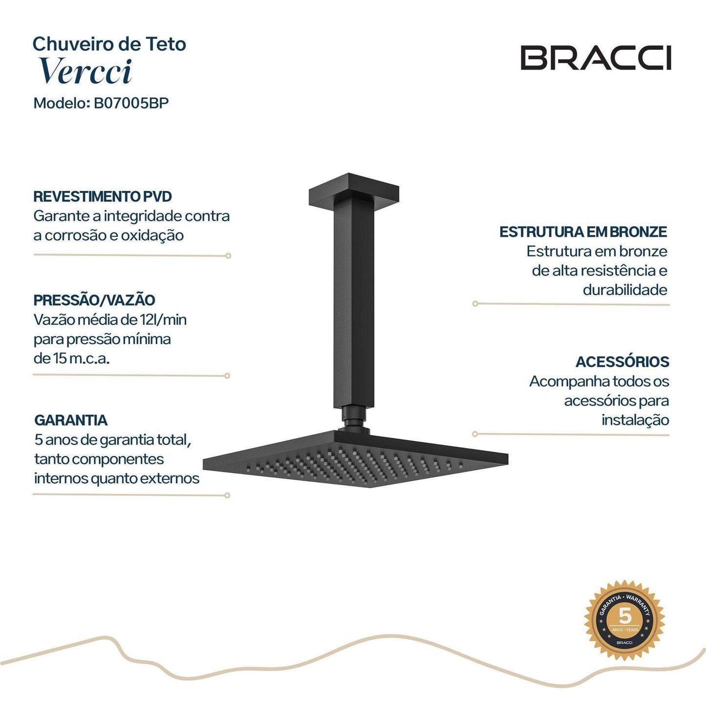 CHUVEIRO TETO VERCCI PRETO FOSCO PVD