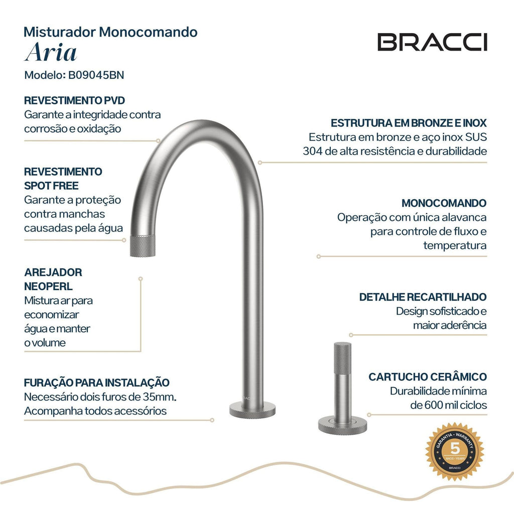 MISTURADOR MONOCOMANDO ARIA AÇO ESCOVADO