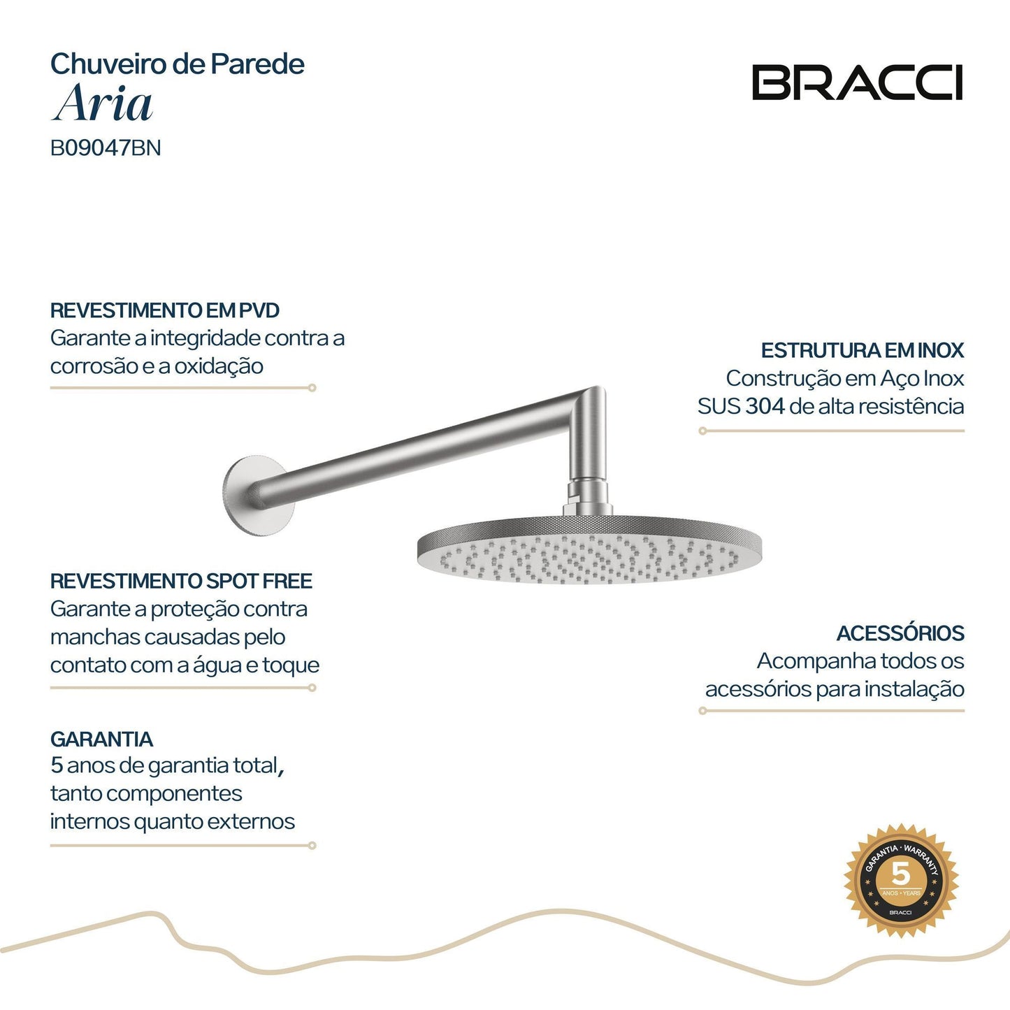 CHUVEIRO PAREDE ARIA AÇO ESCOVADO