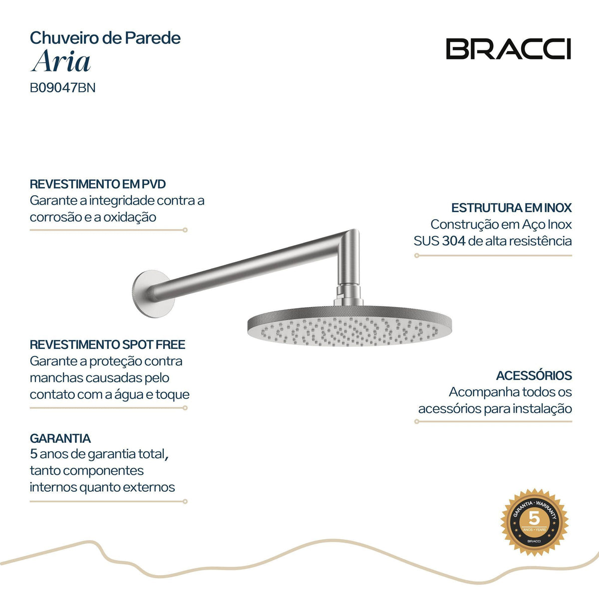 CHUVEIRO DE PAREDE ARIA AÇO ESCOVADO