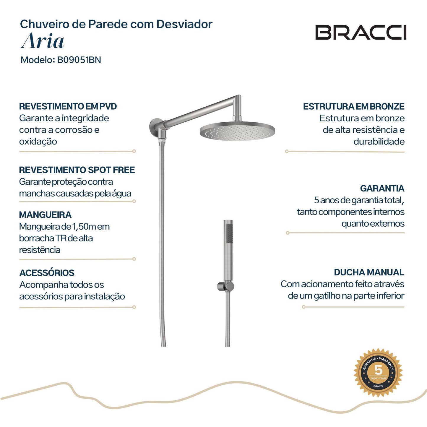 CHUVEIRO PAREDE COM DESVIADOR ARIA AÇO ESCOVADO