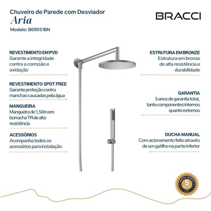 CHUVEIRO PAREDE COM DESVIADOR ARIA AÇO ESCOVADO