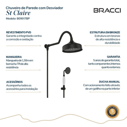 CHUVEIRO CLÁSSICO C DESVIADOR PRETO PVD