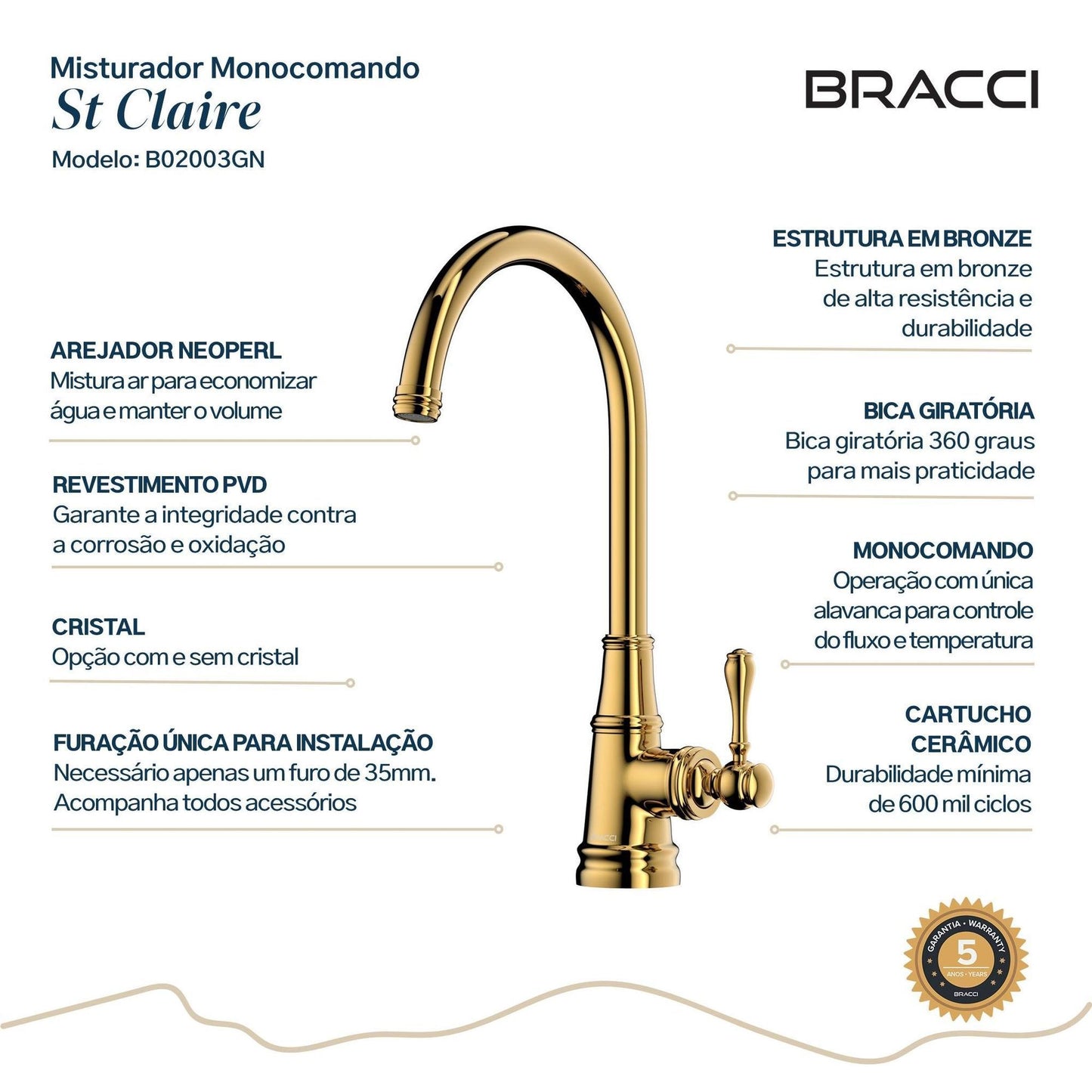 MISTURADOR MONOCOM ST CLAIRE ALTO DOURADO NANOTECNOLOGIA