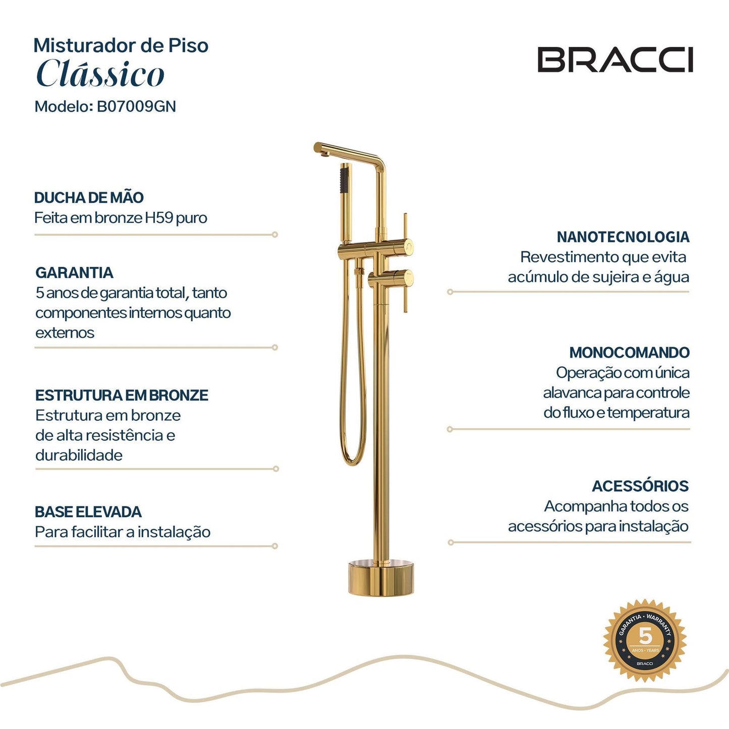 MISTURADOR MONOC PISO DOURADO PARA BANHEIRA NANOTECNOLOGIA