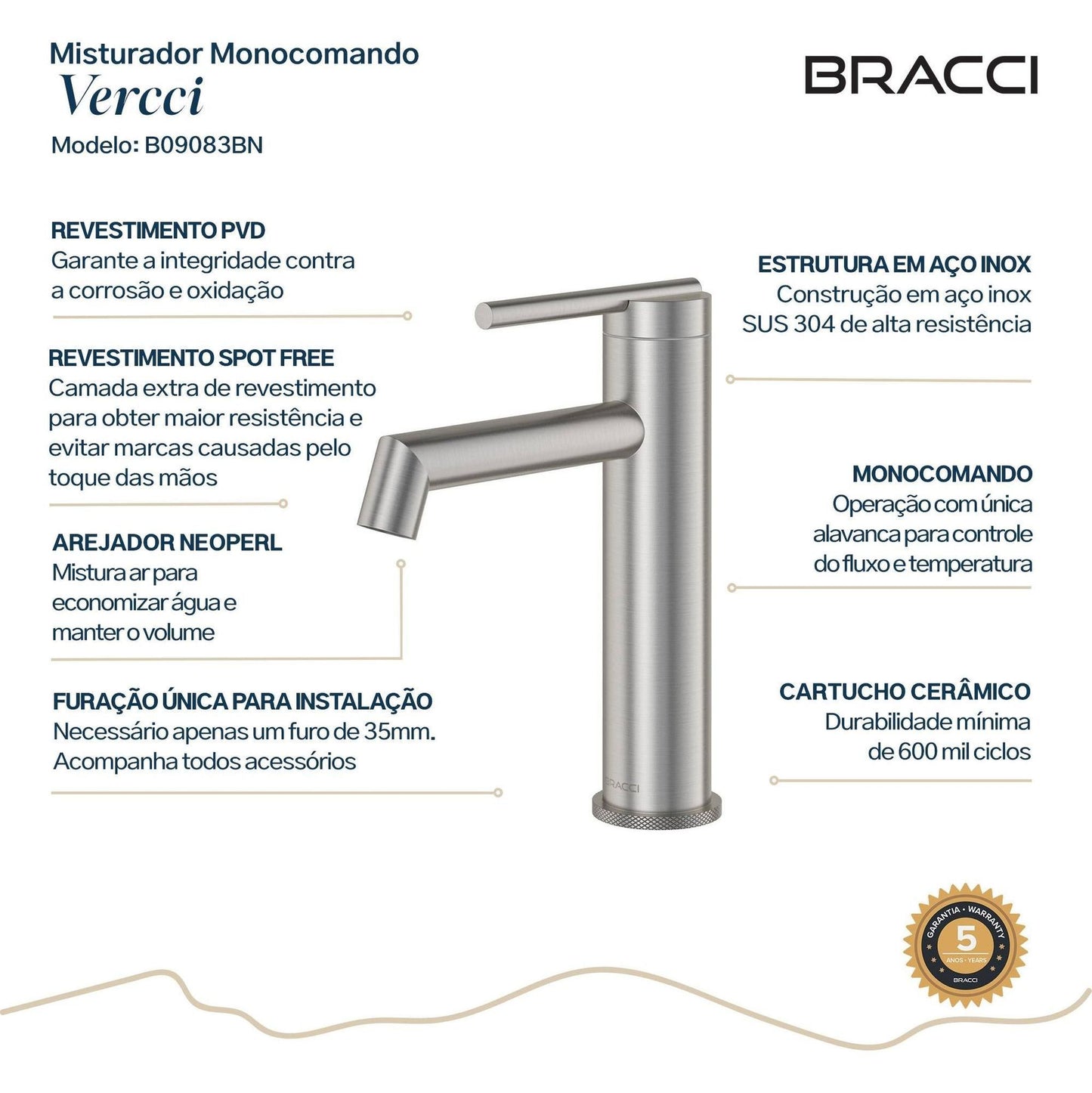 TORNEIRA MONOCOMANDO Q/F ARIA VITA BAIXO AÇO ESCOVADO