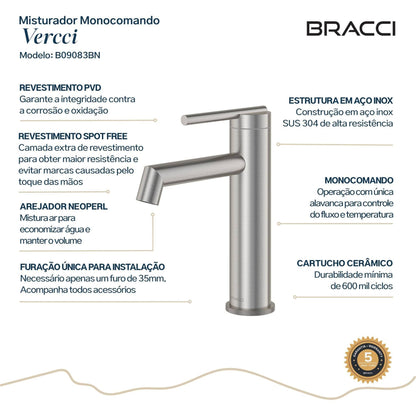 TORNEIRA MONOCOMANDO Q/F ARIA VITA BAIXO AÇO ESCOVADO