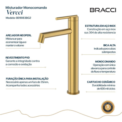 TORNEIRA MONOCOMANDO Q/F ARIA VITA ALTO DOURADO ESCOVADO