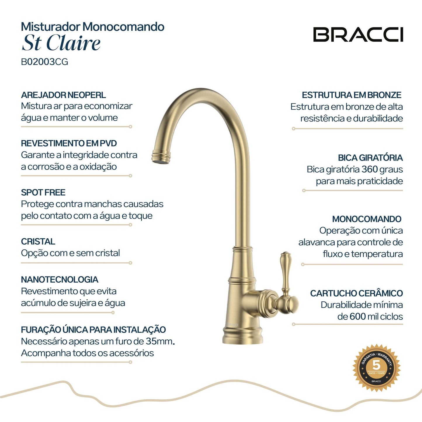 MISTURADOR MONOCOM CHAMPAGNE GOLD ST CLAIRE