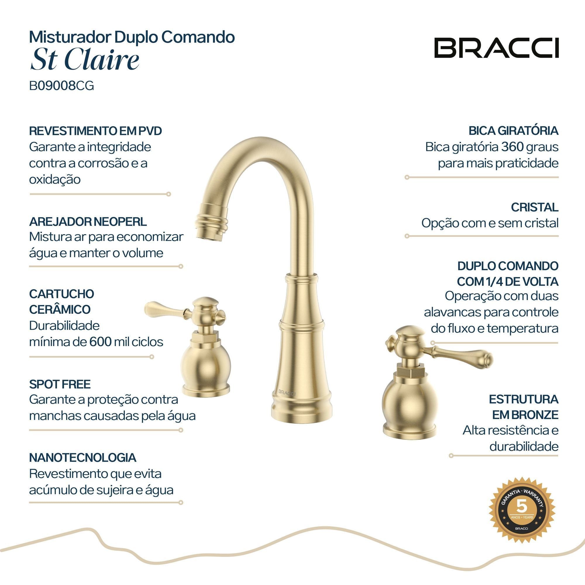 MISTURADOR DUPLO COMANDO CHAMPAGNE GOLD ST CLAIRE – Bracci
