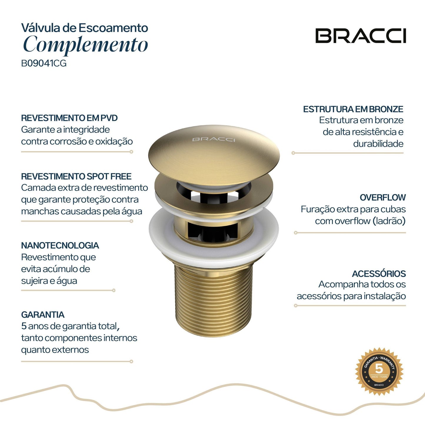 VÁLVULA DE ESCOAMENTO CHAMPAGNE GOLD COM LADRÃO