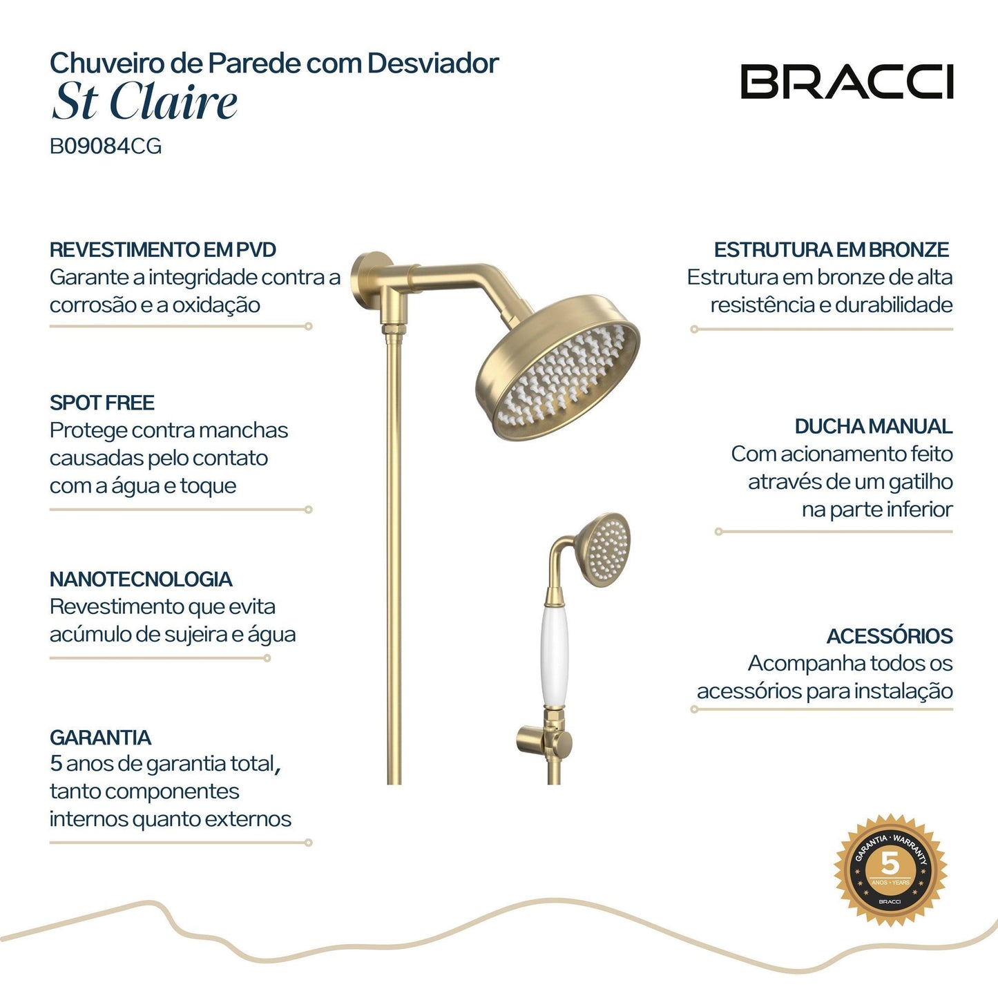 CHUVEIRO ST CLAIRE COM DESVIADOR CHAMPAGNE GOLD