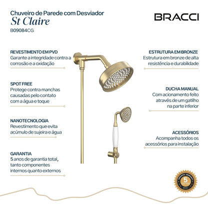 CHUVEIRO ST CLAIRE COM DESVIADOR CHAMPAGNE GOLD