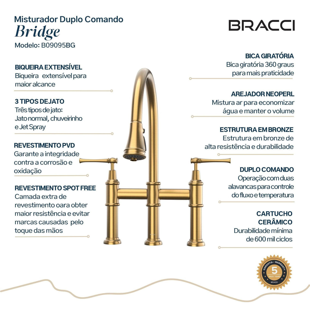 TORNEIRA DUPLO COMANDO Q/F BRIDGE DOURADO ESCOVADO